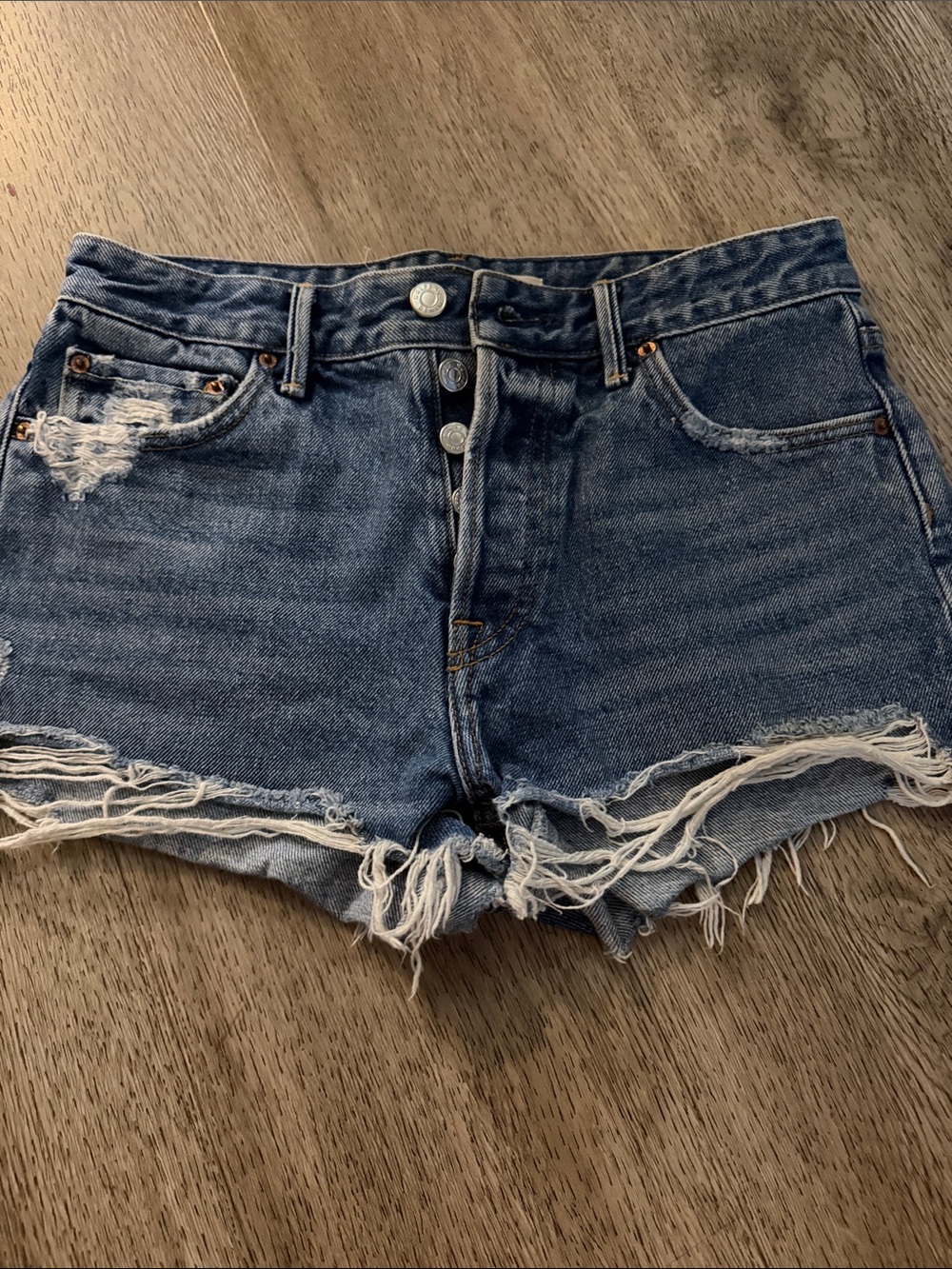 GRLFRND Distressed High-Rise Denim Shorts - Blue